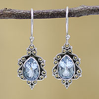 Blue topaz dangle earrings, 'Blue Intricacy' - Sterling Silver and Blue Topaz Dangle Earrings from India