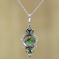 Peridot pendant necklace, 'Glittering Green' - Peridot and Composite Turquoise Pendant Necklace from India