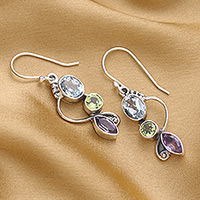 Multi-gemstone dangle earrings, 'Shimmering Alliance' - Blue Topaz Peridot Amethyst Sterling Silver Dangle Earrings