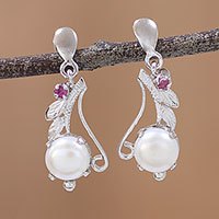 Rhodium plated cultured pearl and ruby dangle earrings,