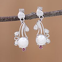 Rhodium plated cultured pearl and ruby dangle earrings,