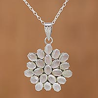 Moonstone pendant necklace, 'Moonlight Brilliance' - Rhodium Plated Moonstone Floral Pendant Necklace from India