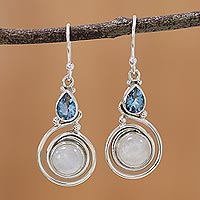 Blue topaz dangle earrings, 'Blissful Fusion' - Moonstone and Blue Topaz Sterling Silver Earrings from India