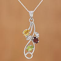 Multi-gemstone pendant necklace, 'Sprightly Bouquet' - Multi Gemstone Pendant Necklace on Rhodium Plated Silver
