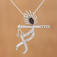 Garnet pendant necklace, 'Melodious Krishna' - Music Themed Krishna Garnet Pendant Necklace