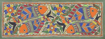 Madhubani painting, 'Fish Union' - Signed Floral Madhubani Painting of Fish from India