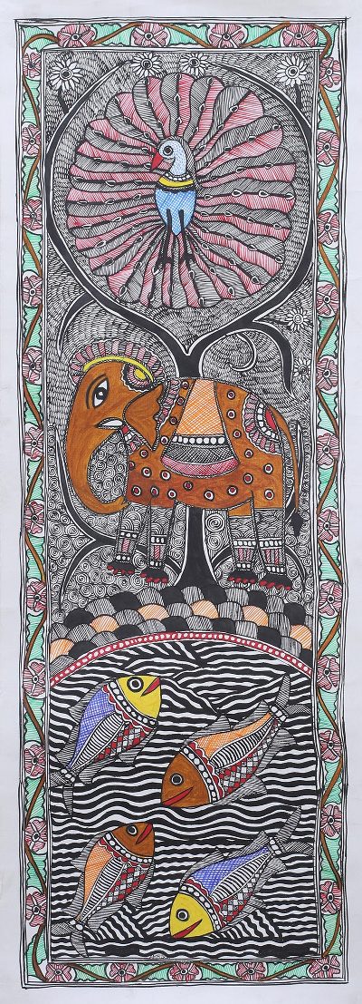Madhubani painting, 'Living in Harmony III' - Signed Madhubani Painting with Animals from India