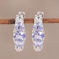 Rhodium plated tanzanite and topaz hoop earrings,