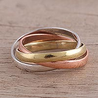 Sterling silver, copper and brass band ring, 'Classic Trio' - Sterling Silver Copper and Brass Band Ring from India