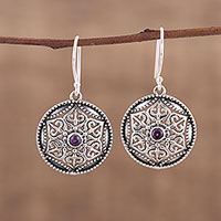 Amethyst dangle earrings, 'Untouched Beauty' - Amethyst and Silver Floral Dangle Earrings form India