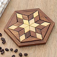 Wood puzzle, 'Rhombus Star' - Handcrafted Star-Shaped Wood Puzzle from India