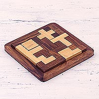 Wood puzzle, 'Mental Challenge' - Handcrafted Wood Puzzle in Brown and Beige from India