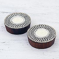 Wood tealight holders, 'Circular Flame' (pair) - Two Handcrafted Circular Wood Tealight Holders from India