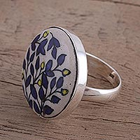 Ceramic cocktail ring, 'Blooming Beauty' - Hand-Painted Floral Sterling Silver Cocktail Ring from India