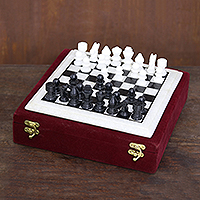 Marble chess set, 'Royal Leisure' - Handcrafted Black and White Marble Chess Set from India