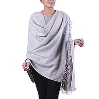 Wool blend shawl, 'Discreet Taupe Stripes' - India Wool Blend Taupe and Ivory Pin Stripe Knitted Shawl