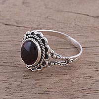 Garnet cocktail ring, 'Red Gloss' - Garnet and Sterling Silver Cocktail Ring from India