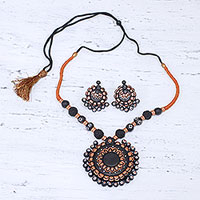 Ceramic jewelry set, 'Sunflower Majesty' - Handcrafted Floral Ceramic Jewelry Set from India