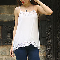 Rayon camisole top, 'Floral Paradise' - White Rayon Lace Trimmed Camisole Top with Adjustable Straps