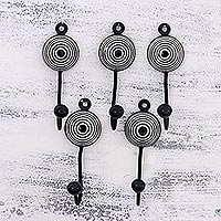 Ceramic coat hooks, 'Mesmerizing Charm' (set of 5) - Five Hand-Painted Circular Ceramic Coat Hooks from India