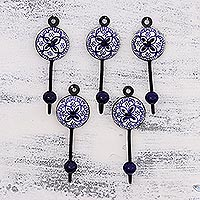 Ceramic coat hooks, 'Charming Petals' (set of 5) - Five Hand-Painted Ceramic and Brass Coat Hooks from India