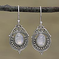 Rainbow moonstone dangle earrings, 'Majestic Circles' - Rainbow Moonstone and Sterling Silver Earrings from India