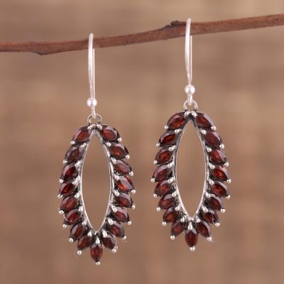Garnet dangle earrings, 'Red Fronds' - Marquise Garnet Earrings from India