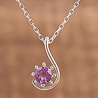 Amethyst pendant necklace, 'Flower Hook' - Amethyst and Sterling Silver Pendant Necklace from India
