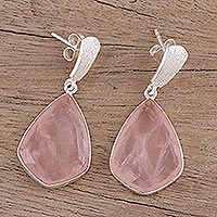 Rose quartz dangle earrings, 'Blushing Romance' - 34 Carat Rose Quartz and Silver Dangle Earrings