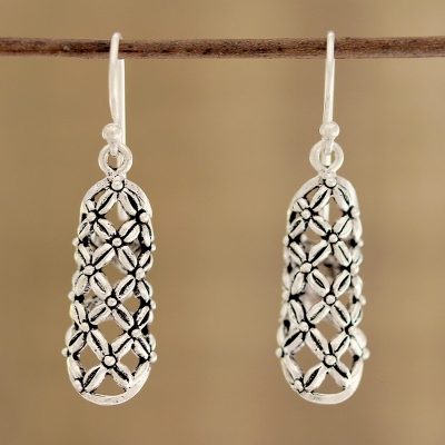Sterling silver dangle earrings, 'Floral Straws' - Floral Openwork Sterling Silver Earrings from India