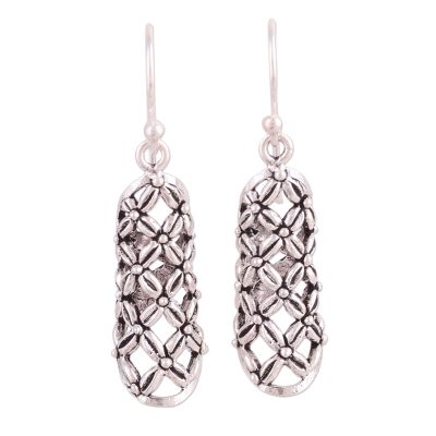Sterling silver dangle earrings, 'Floral Straws' - Floral Openwork Sterling Silver Earrings from India