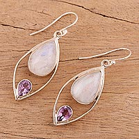 Rainbow moonstone and amethyst dangle earrings, 'Marquise Marriage' - Dangle Earrings with Rainbow Moonstone and Amethyst