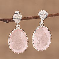 Rose quartz dangle earrings, 'Cherish Me' - Rose Quartz and Sterling Silver Dangle Earrings from India