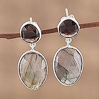 Labradorite and smoky quartz dangle earrings,