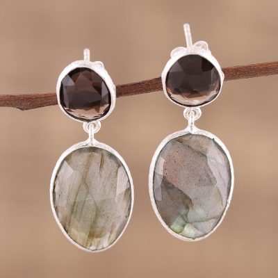 Labradorite and smoky quartz dangle earrings, Smoke and Mist