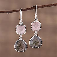 Labradorite and rose quartz dangle earrings, 'Rosy Dusk' - Labradorite and Rose Quartz Silver Dangle Earrings