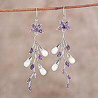 Amethyst and cultured pearl dangle earrings, 'Lilac Branch' - Amethyst and Cultured Pearl Dangle Earrings from India