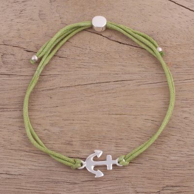 Sterling silver pendant bracelet, 'Anchor of Hope in Pistachio' - Sterling Silver Anchor Bracelet with Green Cotton Cords