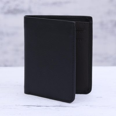 Leather bifold wallet, 'Noble Black' - Classic Bifold Style Wallet in Black Leather