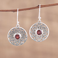 Garnet dangle earrings, 'Dotted Gleam' - Circular Garnet and Silver Dangle Earrings from India