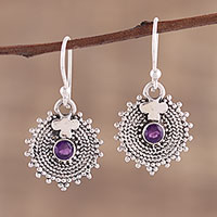 Amethyst dangle earrings, 'Purple Sunbeams' - Indian Amethyst and Sterling Silver Round Dangle Earrings