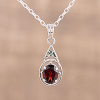 Garnet pendant necklace, 'Scarlet Joy' - Garnet and Emerald Pendant Necklace from India