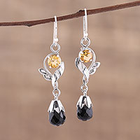 Onyx and citrine dangle earrings, 'Glistening Night' - Leaf Motif Onyx and Citrine Dangle Earrings from India