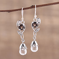 Crystal and smoky quartz dangle earrings, 'Regal Dawn' - Leaf Motif Crystal and Smoky Quartz Earrings from India