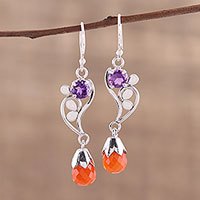 Carnelian and amethyst dangle earrings,