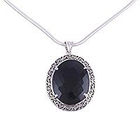 Rhodium plated onyx pendant necklace,
