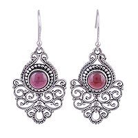 Garnet dangle earrings, 'Shalimar Fountain' - Ornate Sterling Silver and Garnet Dangle Earrings