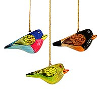 Papier mache ornaments, 'Cuckoo Birds' (set of 3) - Three Hand-Painted Papier Mache Bird Ornaments from India