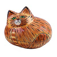 Papier mache decorative box, 'Comfy Cat' - Brown Papier Mache Cat Decorative Box from India