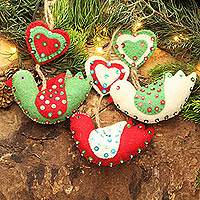 Wool felt ornaments, 'Love Messengers' (set of 6) - Heart and Bird-Shaped Wool Ornaments (Set of 6) from India